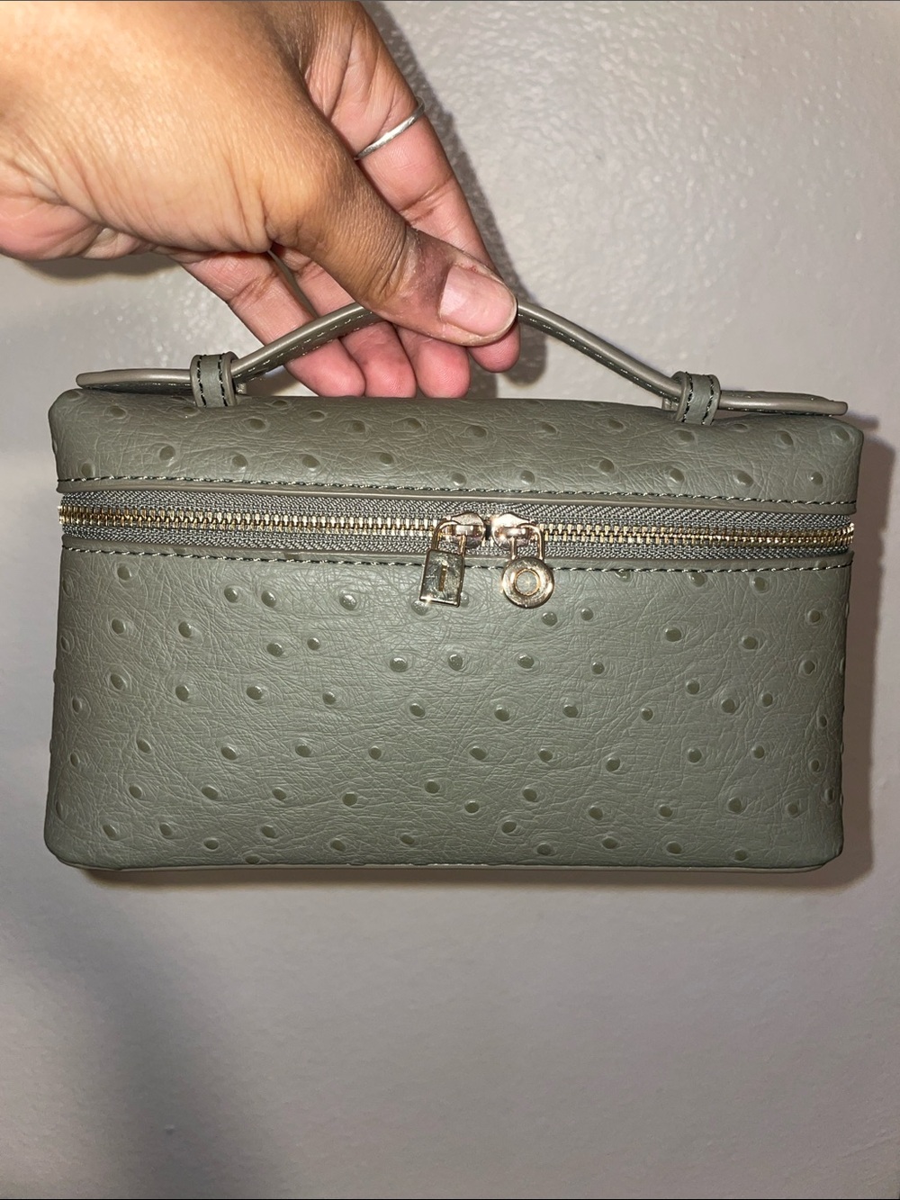 Olive Green Faux Ostrich Top-Handle Cosmetic Case